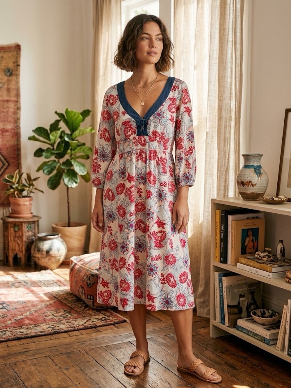 Women’s Floral V-Neck Midi Dress in White & Red with Navy Trim